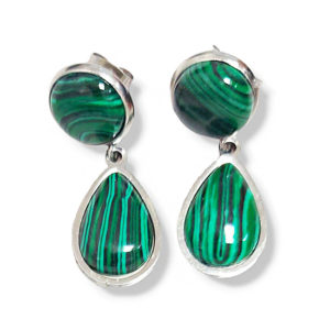 Обеци от Малахит от благородна стомана двойни
