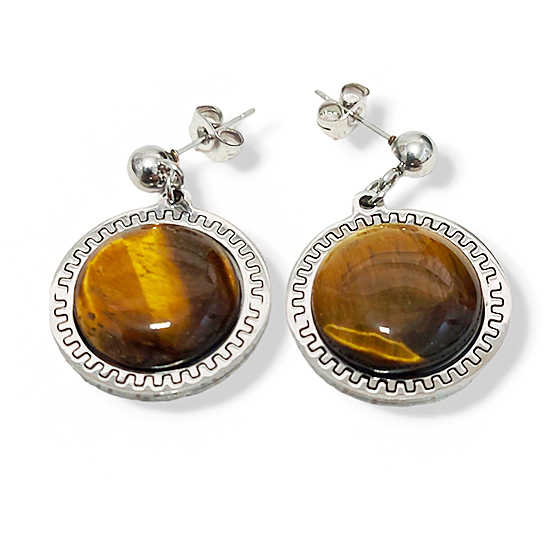 Обеци от Тигрово око от благородна стомана кръгли Обеци от Тигрово око от благородна стомана кръгли